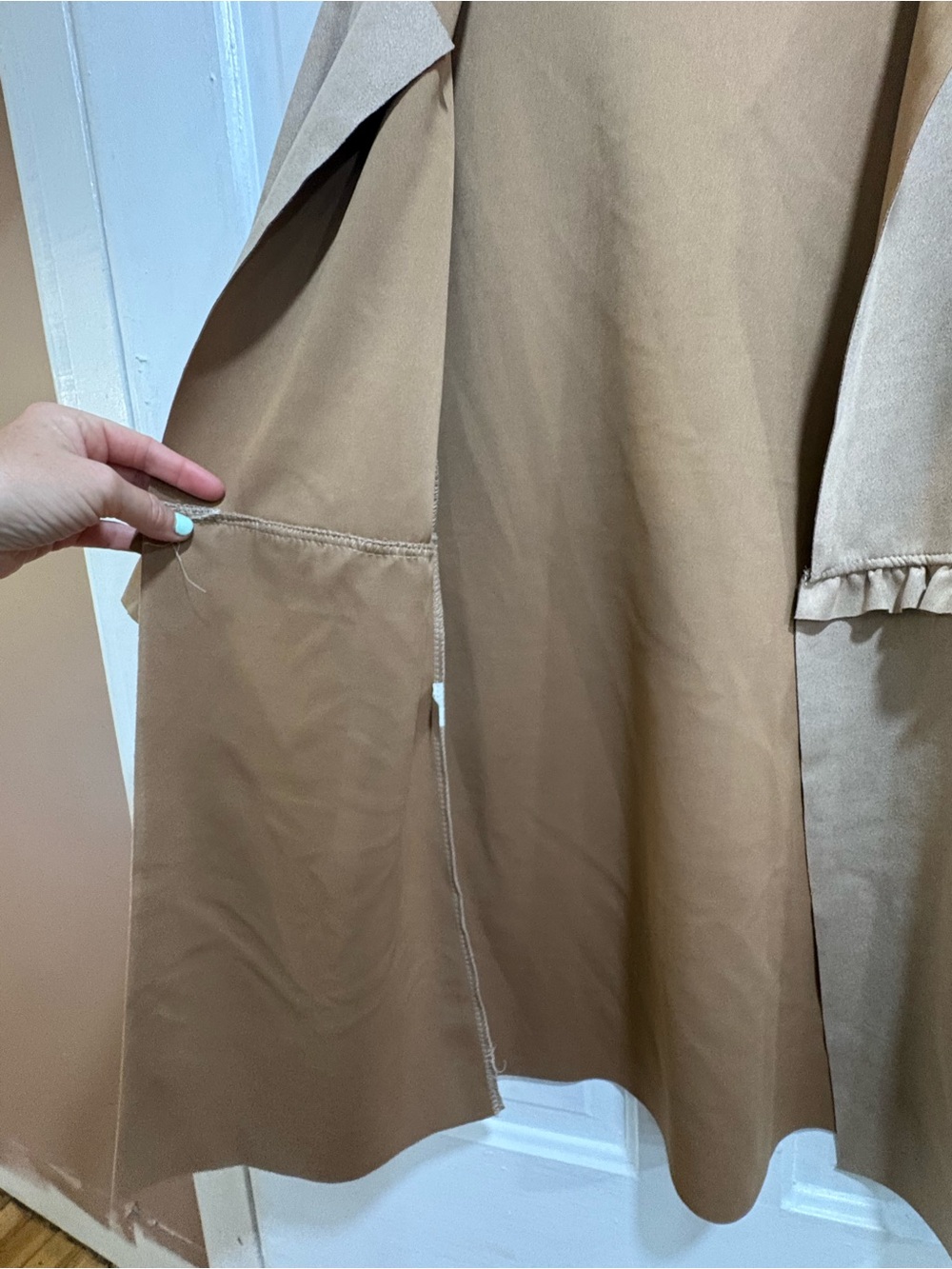 Ruffled Open Front Faux Suede Coat in Camel Made in Italy - Picture 3 of 7